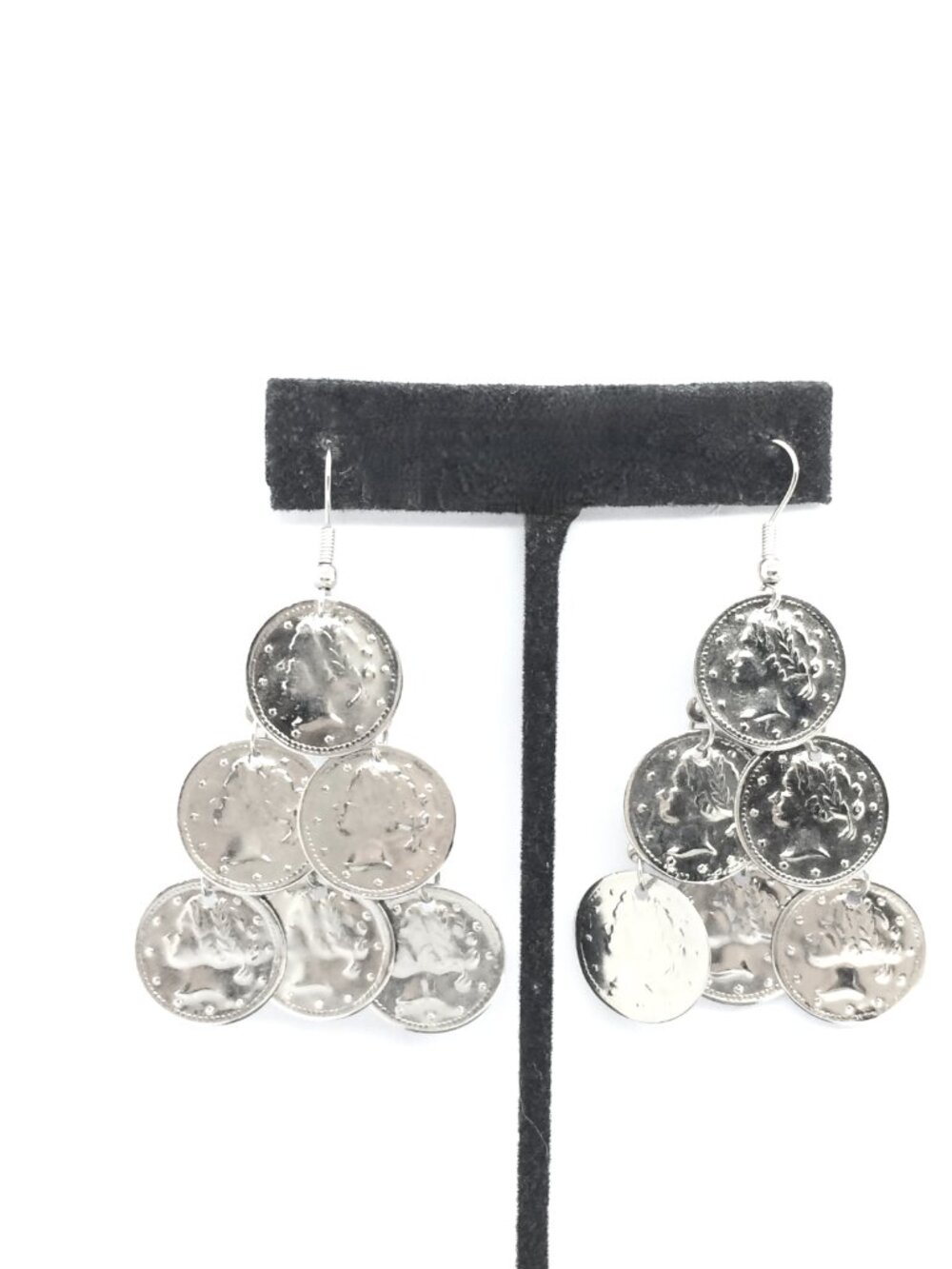 Coin Earrings Silver Tone Chandelier Dangle Medallion Boho Statement Pierced